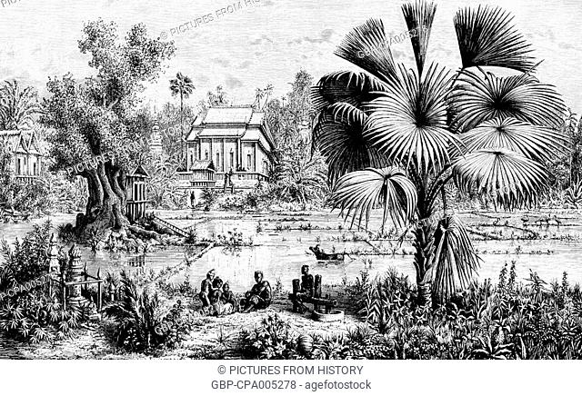 Laos: Villagers sit idly by a coryphus palm, rice fields and a pagoda in Muong Mai, illustrated by French expeditioner Louis Delaporte in April 1867