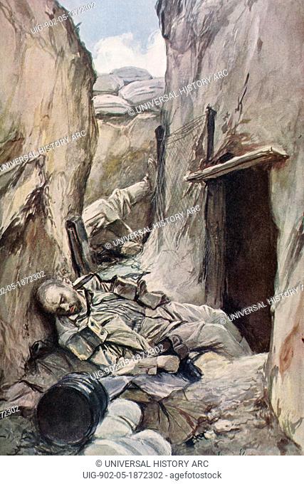 Dead German soldiers in a trench during the First World War. From a work by Francois Flameng. From L'Illustration, 1916