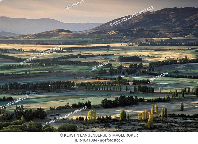 Cultivated landscape in Otago, view from Mount Iron, Wanaka, into the Clutha Valley, Otago, South Island, New Zealand