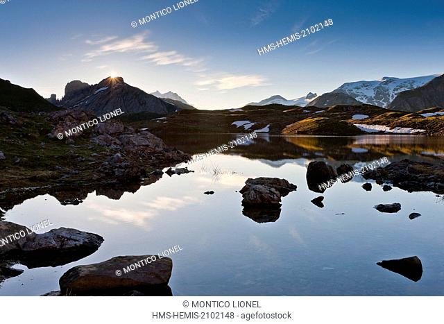 France, Savoie, Parc National de la Vanoise (National park of Vanoise), Tarentaise Valley, Courchevel, Lake Merlet, the glaciers of the Vanoise background