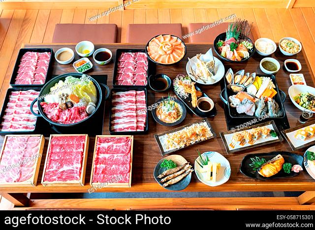 Japanese wagyu beef Sukiyaki set ready to cook with vareity of japanese food cuisine