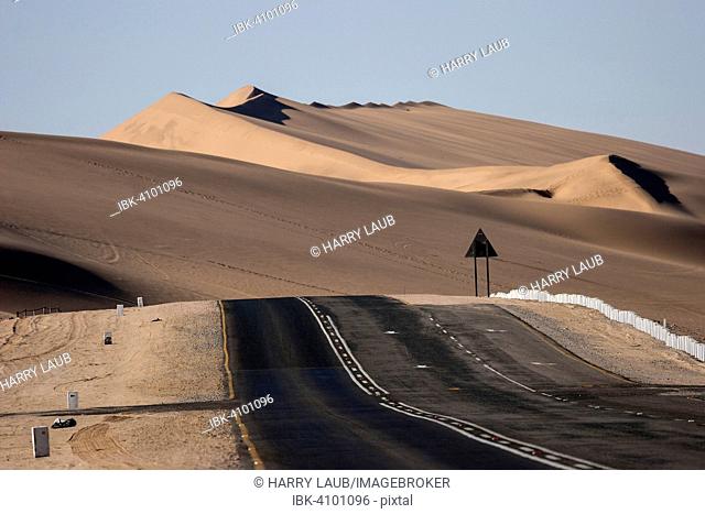 Road B2 between Swakopmund and Walvis Bay, sand dunes at the back, Namibia