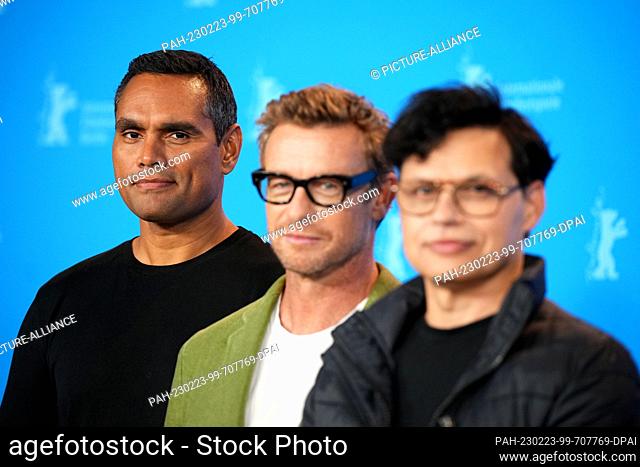 23 February 2023, Berlin: Rob Collins (l-r) , actor, and Simon Baker, actor, and Ivan Sen, director and screenwriter, arrive at the Photo Call of the film...