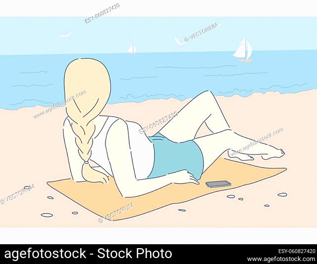 Summer vacation, seaside recreation, summertime relax concept. Beautiful girl enjoying solitude, watching seascape with sailboats and seagulls