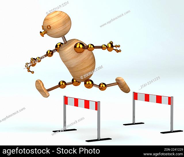 wood man running over barrier 3d rendered