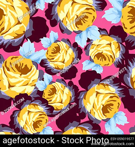 Seamless vector pattern with beautiful vintage roses on magenta background