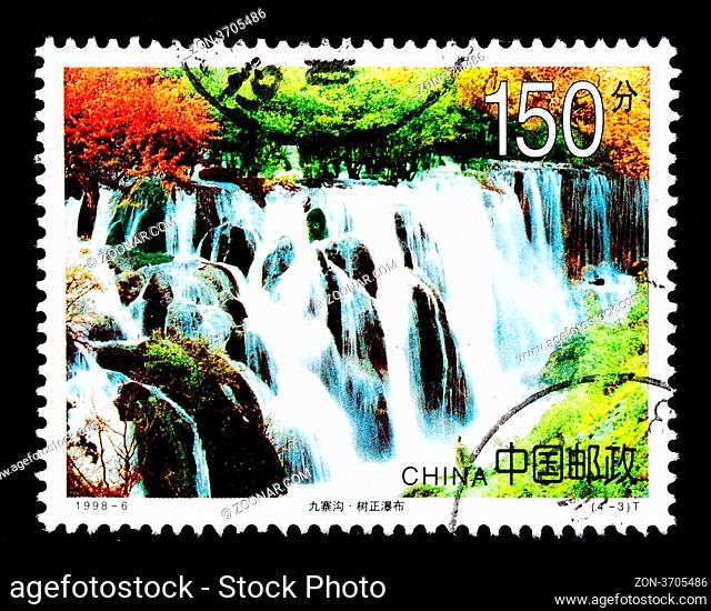 CHINA - CIRCA 1998: A Stamp printed in China shows a waterfall in Jiuzhaigou , circa 1998