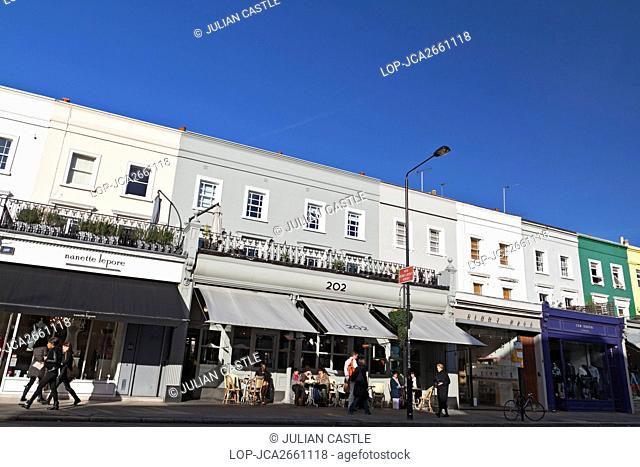 England, London, Notting Hill. A row of shops and restaurants in Westbourne Grove