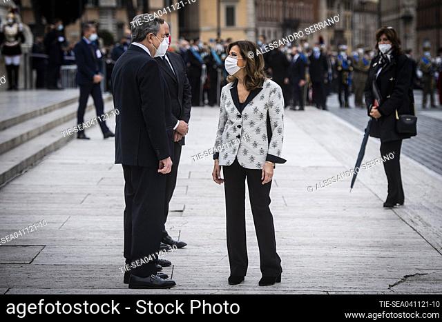 Italian Prime Minister Mario Draghi, President of Senate Maria Elisabetta Casellati attend at the celebration of the feast of the Armed Forces and the centenary...