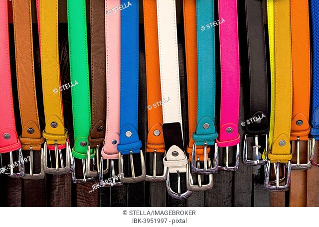 Colorful belts for sale, weekly market, Santanyi, Majorca, Balearic Islands, Spain