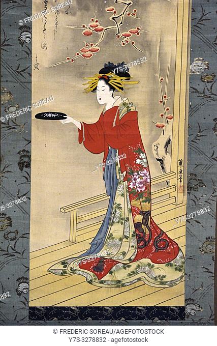 Beauty playing by Suimutei Shoroku (1797-1848), color on silk, Edo period, 19 th century, Tokyo National Museum, Tokyo, Honshu, Japan, Asia