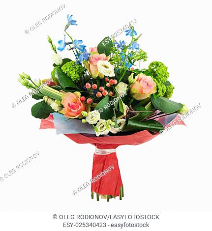 Flower bouquet from multi colored roses, iris and other flowers arrangement centerpiece isolated on white background