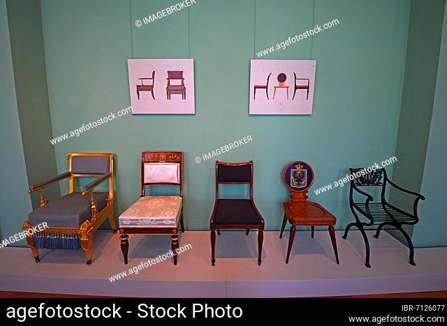 Chairs based on designs by Carl Friedrich Schinkel, New Pavilion, Charlottenburg Palace Park, Berlin, Germany, Europe