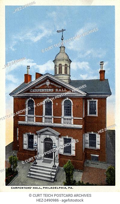 Carpenters' Hall, Philadelphia, Pennsylvania, USA, 1914. Vintage postcard showing the exterior of Carpenters' Hall, a two storey