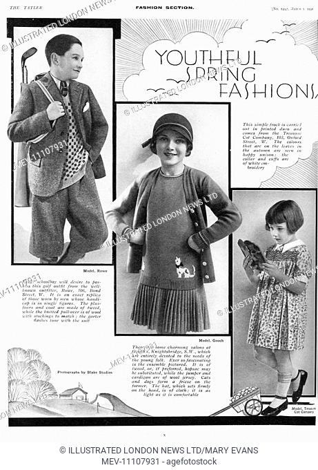 Page from The Tatler reporting on children's fashions for the spring of 1930. Top left shows a golf outfit for boys from Rowe (just like papa!)