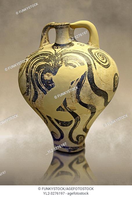 Photo of a Three handles "Palace Style" amphora with three large octopuses within a marines cape of rocks and seaweed. A mycenaean copy of a Minoan Marine Style