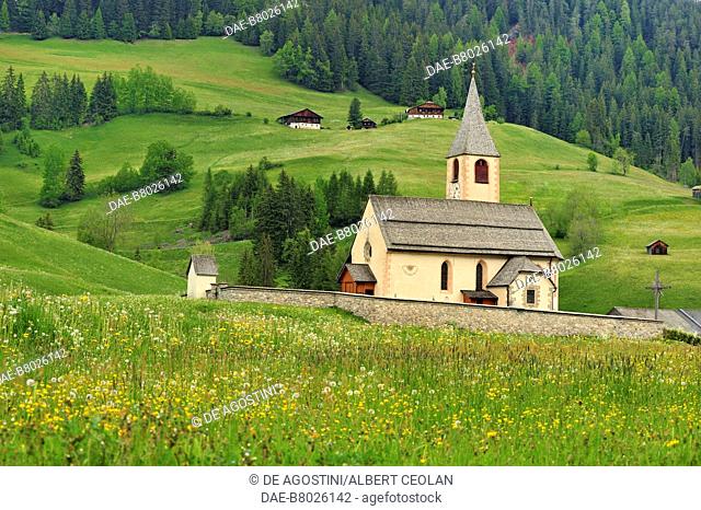 The Church of Saint Vitus in summer, Platzwiese, Prags, Puster Valley, Trentino-Alto Adige, Italy, 14th century