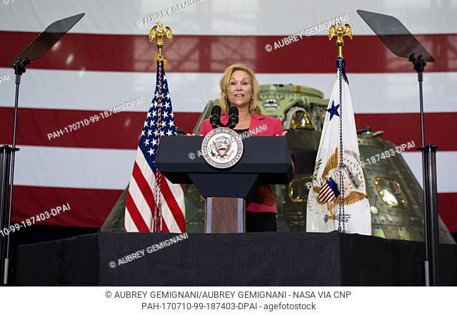 In this photo released by the National Aeronautics and Space Administration (NASA) NASA Kennedy Space Center (KSC) Deputy Director Janet Petro welcomes guests...
