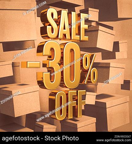 Gold 30 Percent Off Discount 3d Sign with Packaging Boxes Sale Banner Template, Special Offer 30% Off Discount Tag, Golden Sale Sticker, Gold Sale Symbol