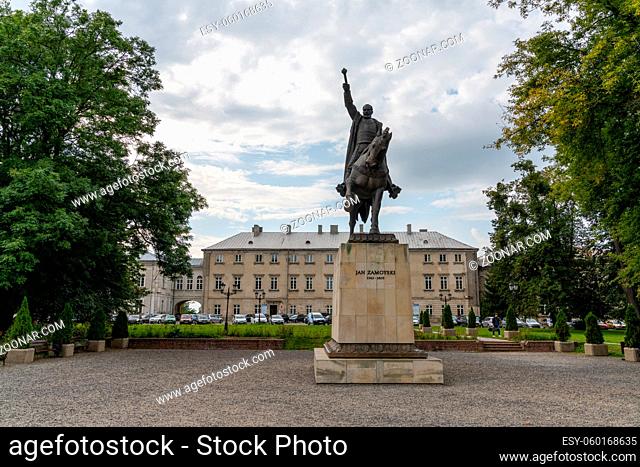 Zamosc, Poland - 13 September, 2021: statue of Jan Zamoyski in the historic Old Town city center of Zamosc