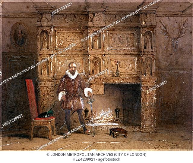 Possibly Sir John Spencer in Canonbury House; or Sir Walter Raleigh in the Old Pied Bull Inn, Islington, London, 1849. 19th century representation of an...