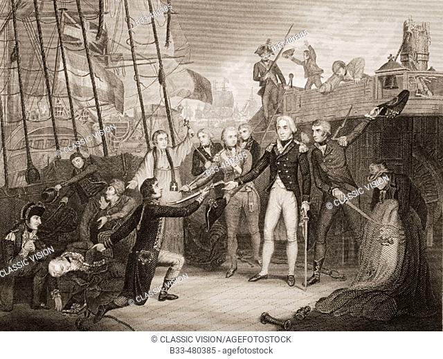 Admiral Nelson receiving the Spanish Admiral's sword on board the San Josef, Feb 14, 1797.  Engraved by J.Rogers painted by Orne