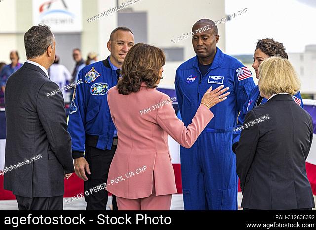 United States Vice President Kamala Harris is greeted by Andre Douglas and NASA officials as she and second gentleman Douglas Emhoff receive a tour of Artemis...