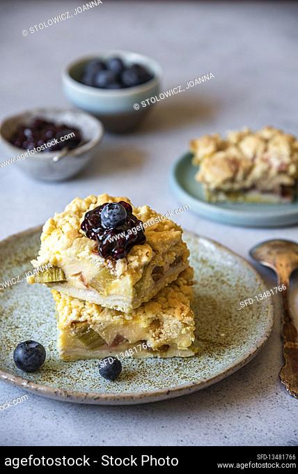 Rhubarb cake with blueberries