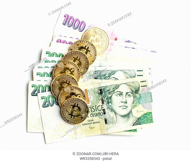 Golden bitcoins. Cryptocurrency and czech money