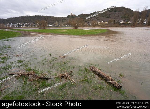03 February 2020, Dieblich: A meadow near the bank is flooded by the Moselle flood. In the background you can see Kobern-Gondorf and the upper castle