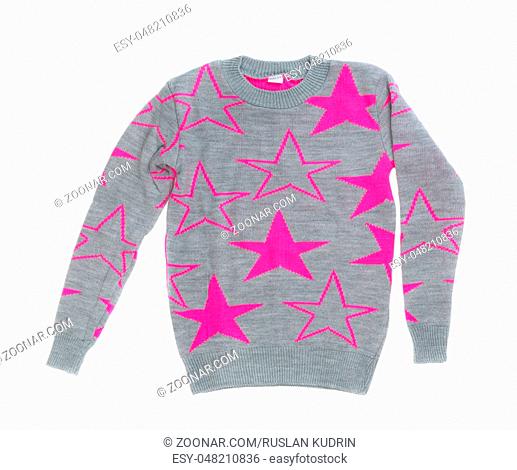 Female gray sweater with red stars. Isolate on white