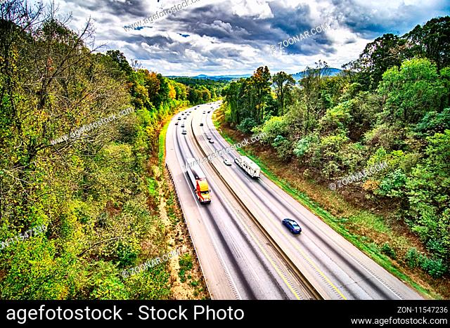 aerial view of i-40 highway in north carolina from blue ridge parkway