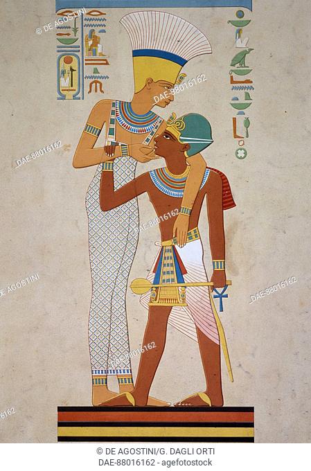 The goddess Anuke suckling Ramesses II, copy of a painted relief from Talmis and dating back to the 19th Dynasty, engraving from Atlas de l'Histoire de l'Art...
