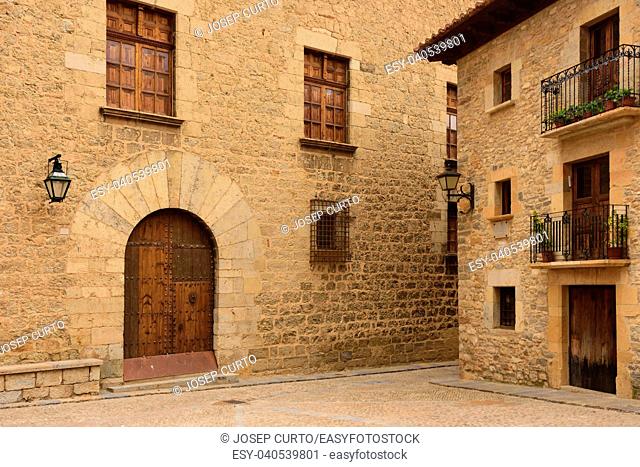 streets and corners (Aliaga square) of the medieval village of Mirambel, Maestrazgo, Teruel province, Aragon, Spain