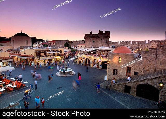 sunset over mediterranean Old rhodes town main square