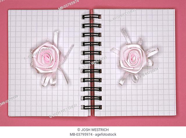 Notepad, material roses,   Block, notebook, copybook, spiral block, loose-leaf binder, hit, opened, sides, leaves, checkered, blooms, roses, rose blooms