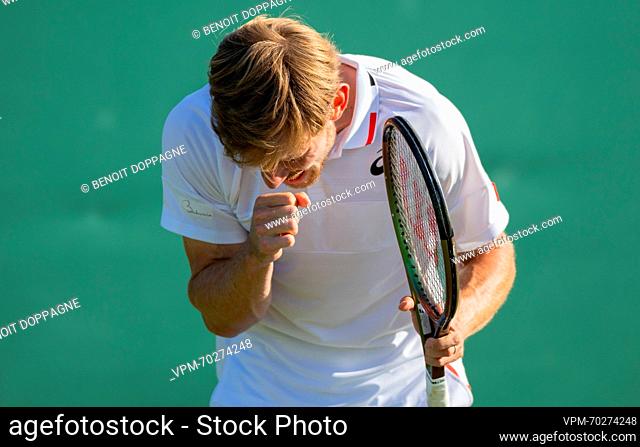 Belgian David Goffin reacts in frustration during a tennis match between Belgian Goffin and Russian Rublev, in round three of the men's singles at the 2023...