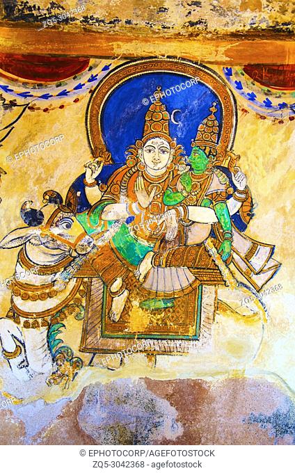 Colorful paintings on the inner wall of the Brihadishvara Temple, Thanjavur, Tamil Nadu, India. Hindu temple dedicated to Lord Shiva
