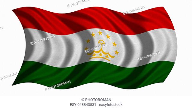 Tajikistani national official flag. Patriotic symbol, banner, element, background. Correct colors. Flag of Tajikistan with real detailed fabric texture wavy...