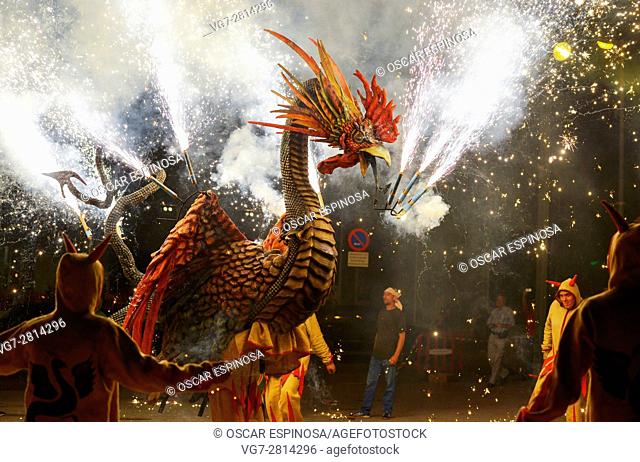 Barcelona: Correfoc, typical catalan celebration in which dragons and devils armed with fireworks dance through the streets