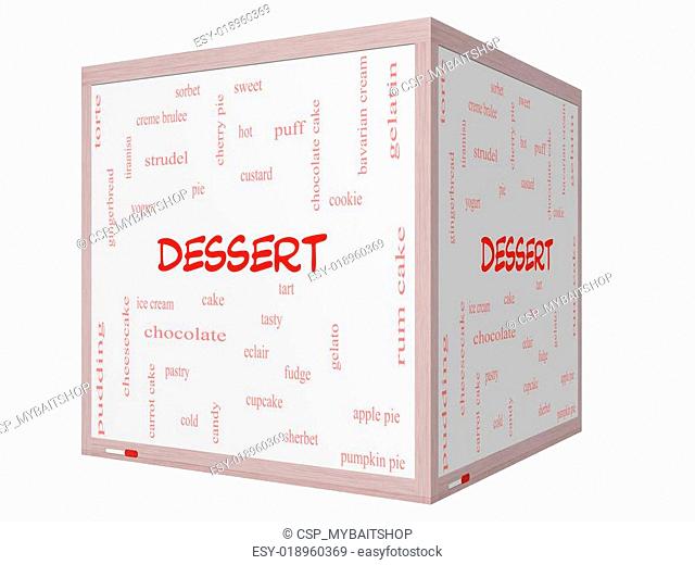 Dessert Word Cloud Concept on a 3D cube Whiteboard