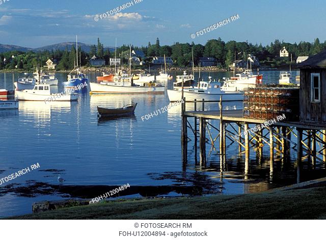 ME, Bass Harbor, Maine, Mount Desert Island, View of lobster fishing boats buoyed in the harbor in the fishing village of Bass Harbor on the Atlantic Ocean