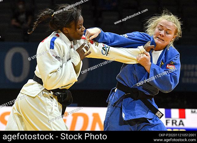 MADELEINE MALONGA of France (left) and LUISE MALZAHN of Germany fight during women's under 78kg game within the European Judo Championships in Prague