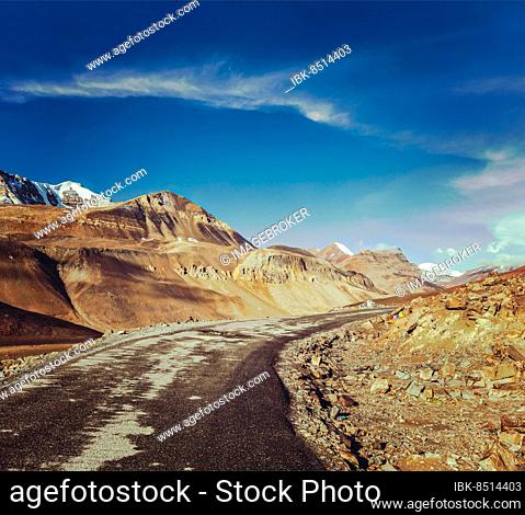 Vintage retro effect filtered hipster style travel image of Manali-Leh road to Ladakh in Indian Himalayas near Baralacha-La pass