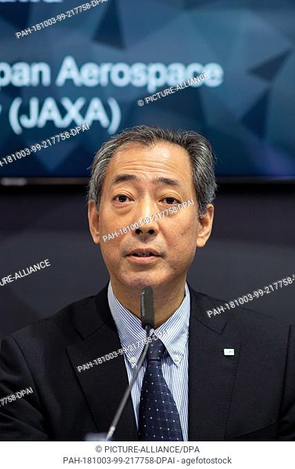 03 October 2018, Bremen: Hiroshi Yamakawa, President of Japan Aerospace Exploration Agency (JAXA), speaks at the press conference on the landing of the lander...