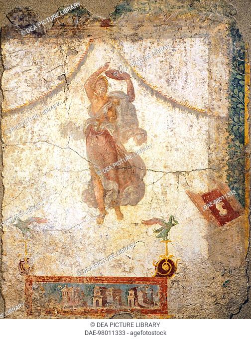 Painting in the Fourth Pompeian Style depicting a flying Maenad with a tambourine, 10x113 cm. Roman Civilization, 1st Century