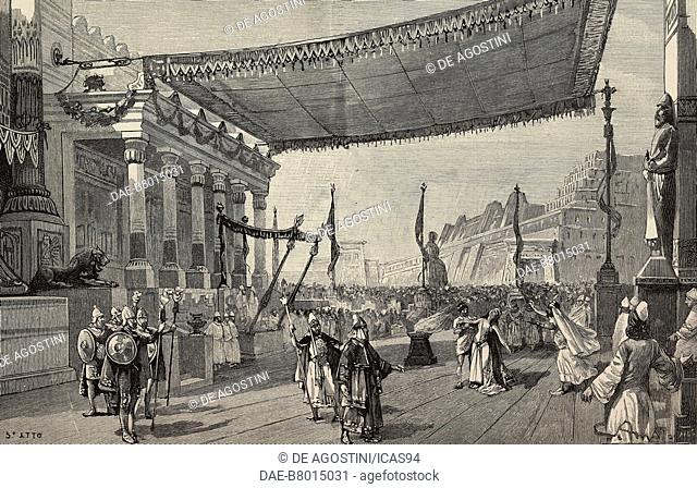 Scene from Act V of Salammbo, opera by E Reyer, at Theatre Royal de la Monnaie, Brussels, Belgium, engraving by Ernesto Mancastropa from a drawing by Gennaro...