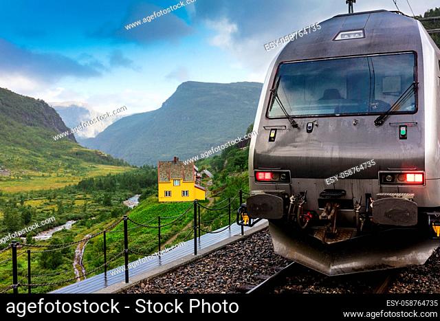 railway station. Norwegian tourism highlight. Electric locomotive