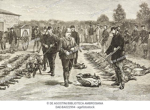 Hunting at Hall Barn Park, killed game, Beaconsfield, United Kingdom, illustration from the magazine The Graphic, volume XXVI, no 673, October 21, 1882