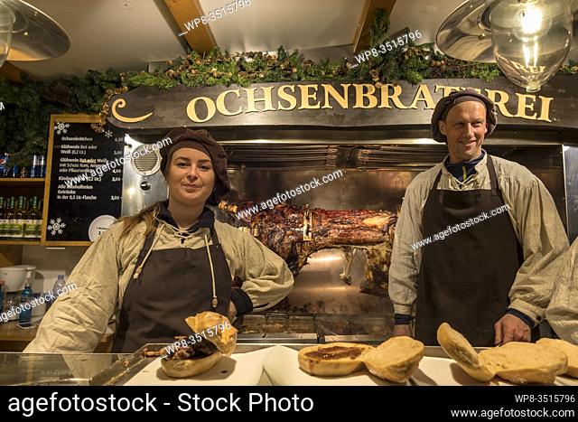 Ochesenbraterei. Grilled veal sandwiches for sale at Christmas market